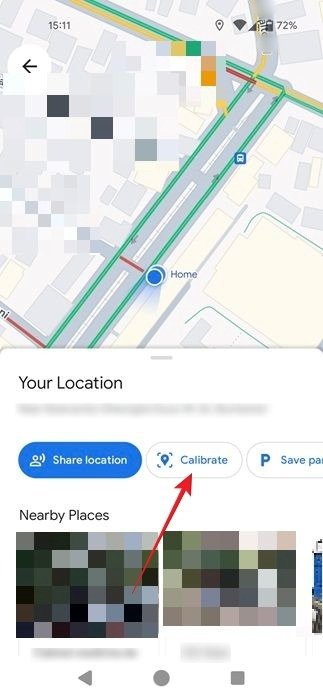 Нажатие кнопки «Калибровать» в приложении Google Maps для Android.