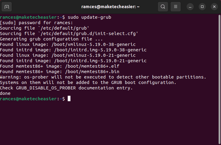 Окно, показывающее процесс обновления GRUB для Ubuntu.