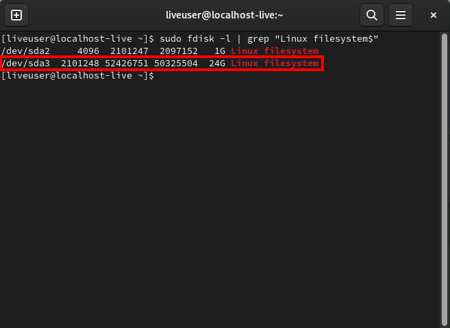 Окно, показывающее разделы файловой системы Linux в реальном сеансе.