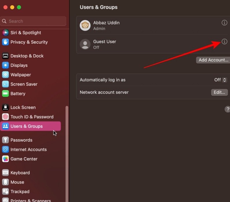 Кнопка «Параметры гостевой учетной записи» на Macos