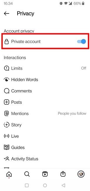 Скрыть личный аккаунт Instagram Mobile