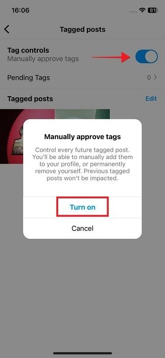 Включите опцию «Ожидающие теги» в приложении Instagram для iOS.