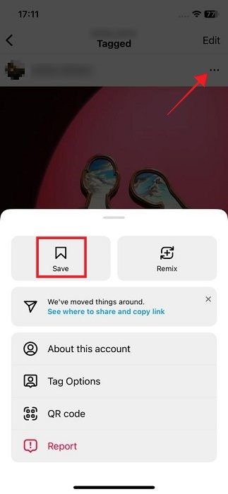 Нажмите кнопку с тремя точками в правом верхнем углу публикации Instagram, чтобы отобразить кнопку «Сохранить».