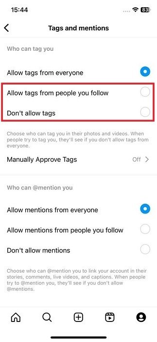 Параметры «Кто может вас отметить» в приложении Instagram для iOS.