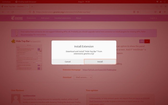 Скрыть верхнюю панель. Страница расширения Ubuntu 13. Подтвердить установку.