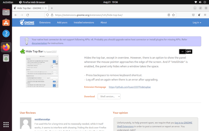 Скрыть верхнюю панель Расширение Ubuntu 15 Отключить