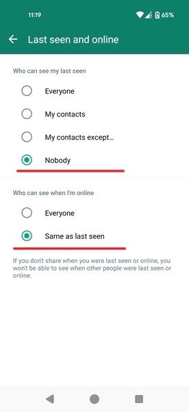 Настройка параметров «Кто может видеть мое последнее посещение» и «Кто может видеть, когда я онлайн» в WhatsApp для Android.