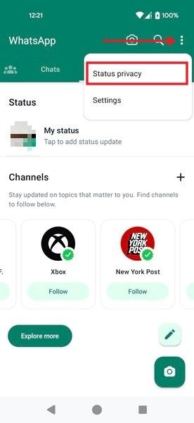 Нажатие кнопки «Статус конфиденциальности» в WhatsApp для Android.