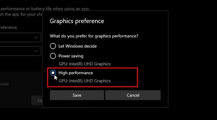 Выбор «Высокая производительность» в окне «Настройки графики» в Windows 10.
