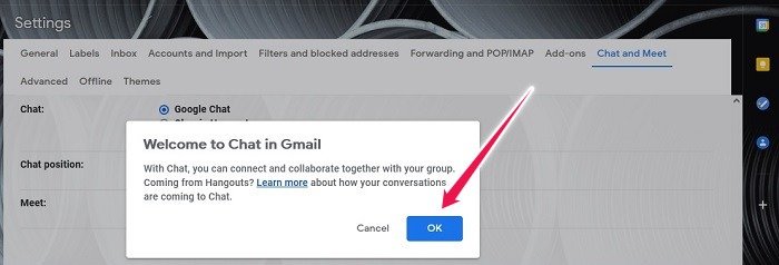 Как активировать Google Chat Gmail Desktop Подтвердите выбор