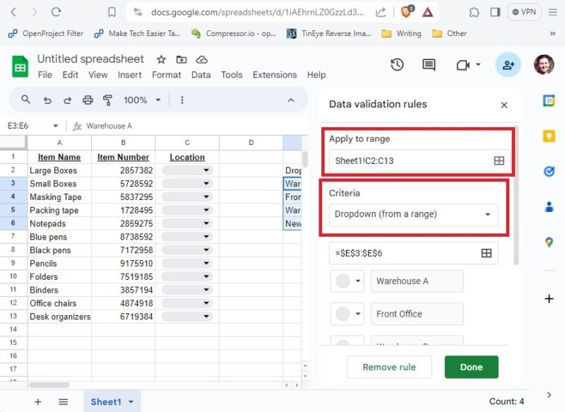 Создание правил проверки данных в Google Sheets.