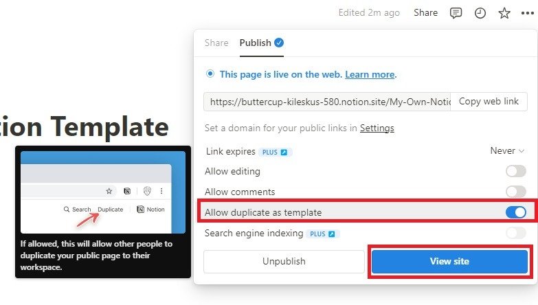 Включение опции «Разрешить дублирование в качестве шаблона» в Notion.