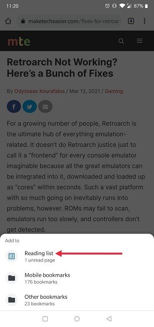 Как добавить список «Прочитать позже» Chrome Mobile Добавить в список для чтения