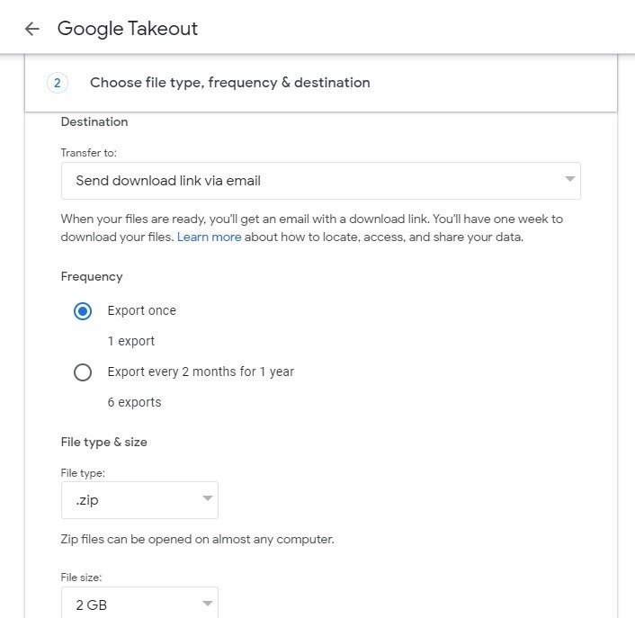 Настройка резервной копии Google Фото в Google Takeout.