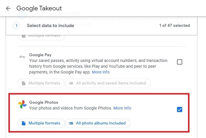 Выбор Google Фото в окне параметров данных Google Takeout.