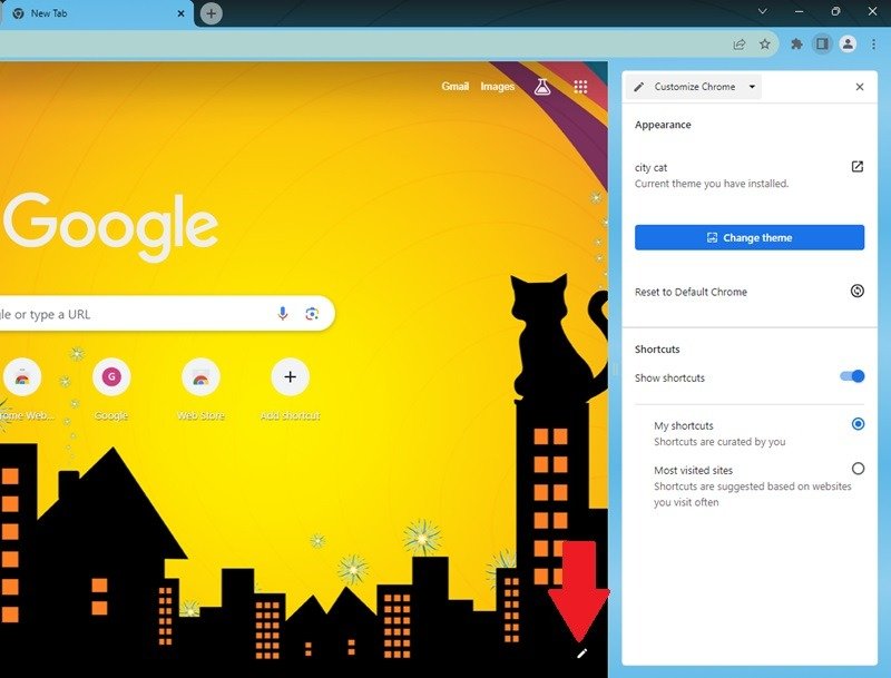 Редактирование внешнего вида Chrome с помощью карандаша редактирования.