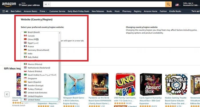 Как изменить страну и язык в стране выхода из Amazon