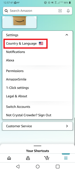 Как изменить страну и язык в Amazon Mobile Country