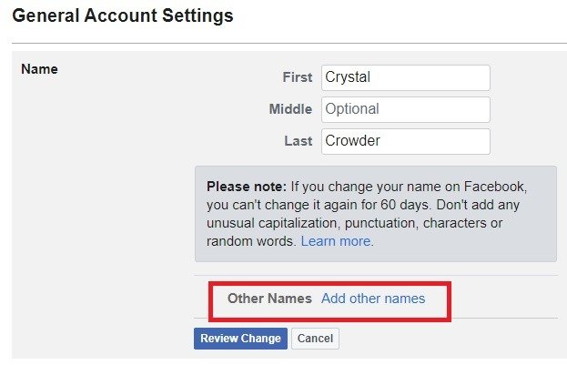Как изменить свое имя на Facebook Другие имена