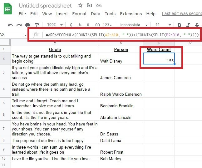 Как проверить количество слов в сумме формулы разделенного массива Google Sheet