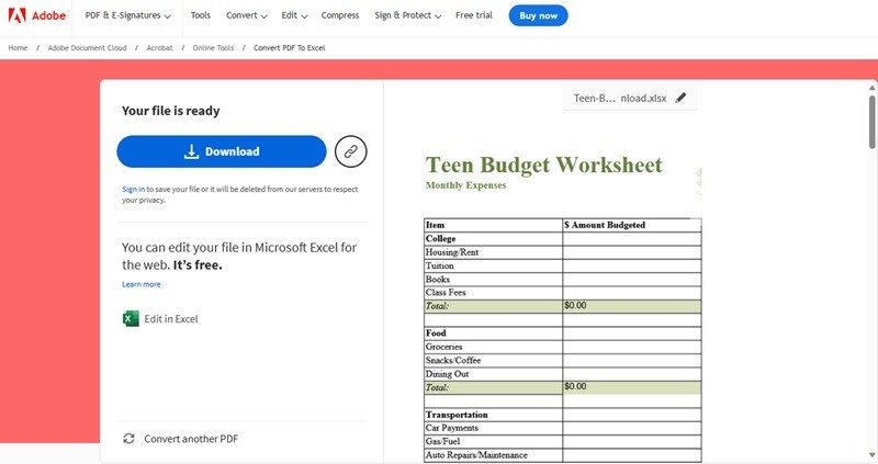 Предварительный просмотр Adobe преобразования PDF в Excel.