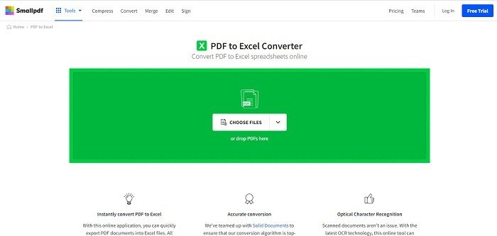 Домашняя страница инструмента SmallPDF PDF to Excel Converter.