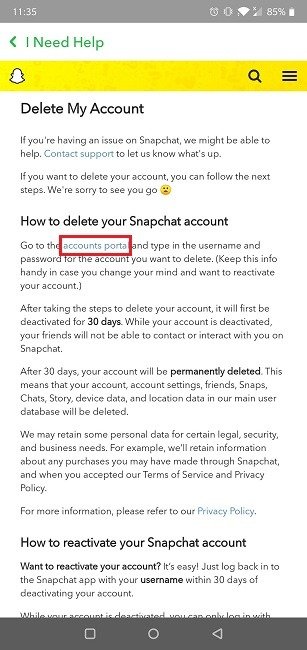 Как удалить портал учетных записей мобильных приложений Snapchat