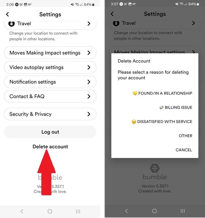 Выбор причины для удаления вашей учетной записи Bumble.