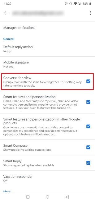Как отключить функцию отключения просмотра бесед Gmail для мобильных устройств