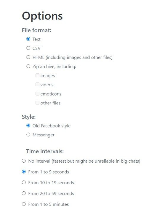 Выберите формат файла, стиль и временные интервалы для загрузки сообщений в расширении Chrome.