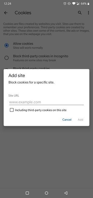 Как включить файлы cookie в браузере Android Chrome и добавить исключение