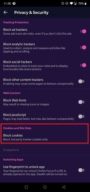 Как включить файлы cookie Браузер Android Firefox Focus Cookies и данные сайта