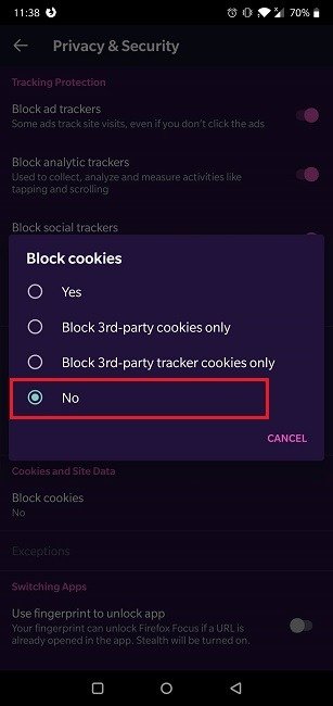 Как включить файлы cookie Браузер Android Firefox Focus Файлы cookie включены