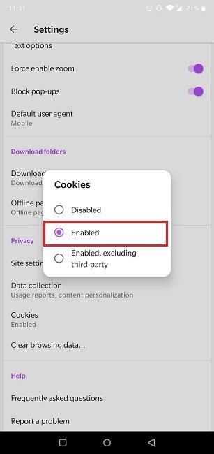 Как включить файлы cookie в браузере Android. Файлы cookie Opera включены