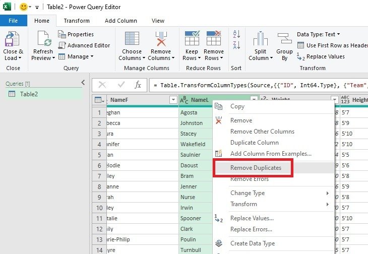 Удалите дубликаты из Excel Power Query