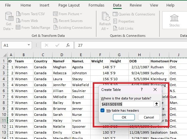 Выберите данные для Excel Power Query.