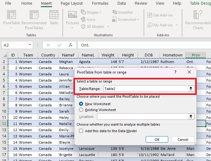 Выберите диапазон сводной таблицы Excel.