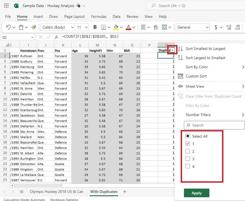 Показать или скрыть повторяющиеся фильтры в Excel