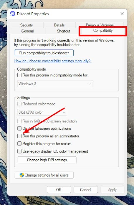 Как исправить ошибку Discord: совместимость свойств, запуск от имени администратора