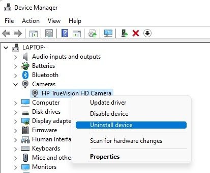 Удалите камеру в диспетчере устройств.