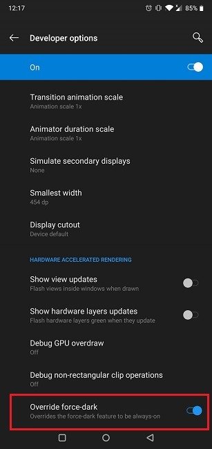 Как принудительно включить темный режим Параметры разработчика Принудительно включить темный режим