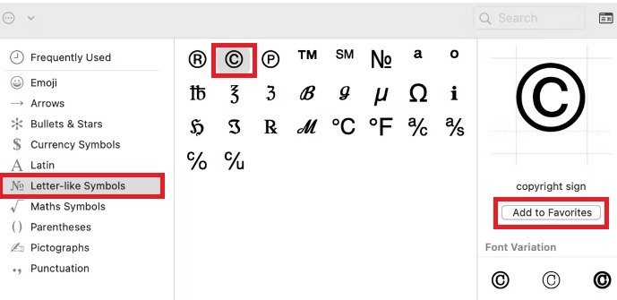 Как вставить символ авторского права Mac Choose