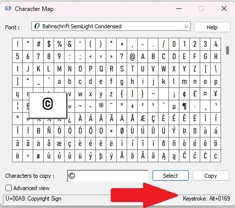 Как вставить ярлык символа авторского права в окно символов