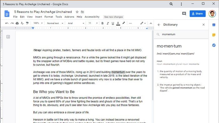 Как найти определения слов Windows 10 Google Docs