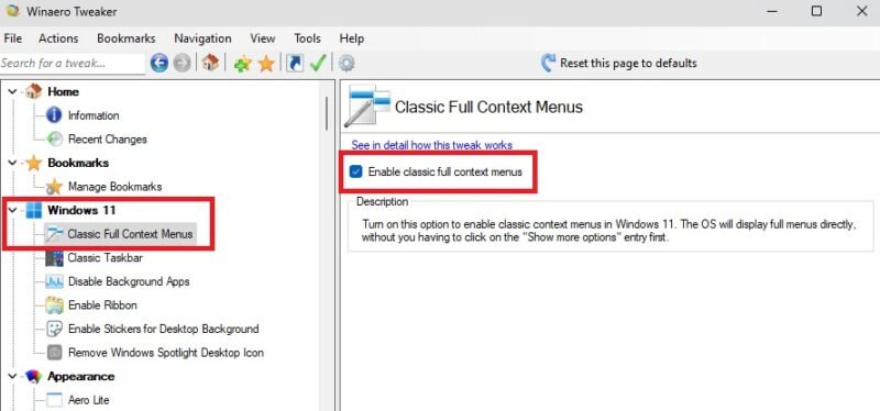 Использование Winaero для восстановления классических контекстных меню в Windows 11, чтобы Windows 11 по умолчанию отображала больше параметров.