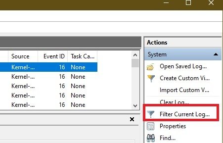 Нажмите кнопку «Фильтровать текущий журнал» в разделе «Действия» в средстве просмотра событий.