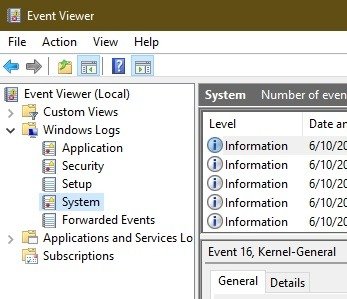 Нажмите «Система» в разделе «Журналы Windows» в средстве просмотра событий.