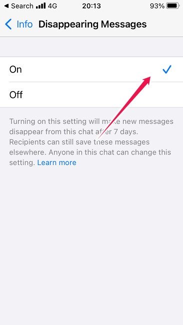 Как отправлять исчезающие сообщения Ios Функция WhatsApp включена