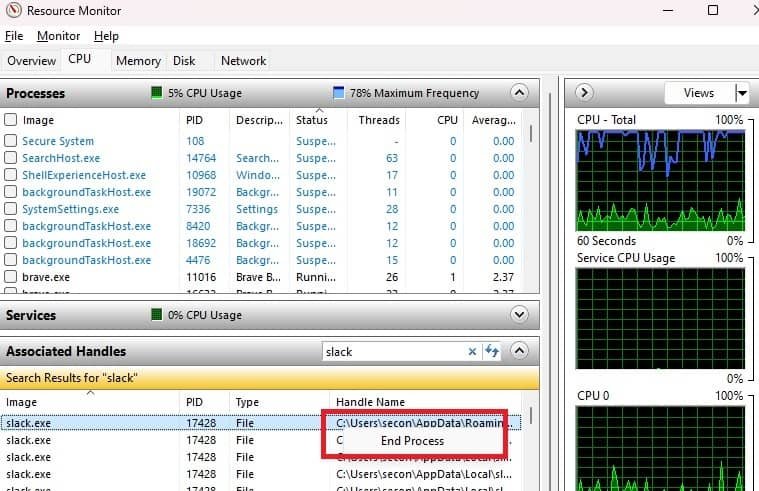 Завершение процесса в Resource Monitor.