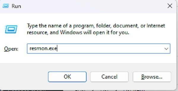 Введите «resmon.exe» в окне «Выполнить».